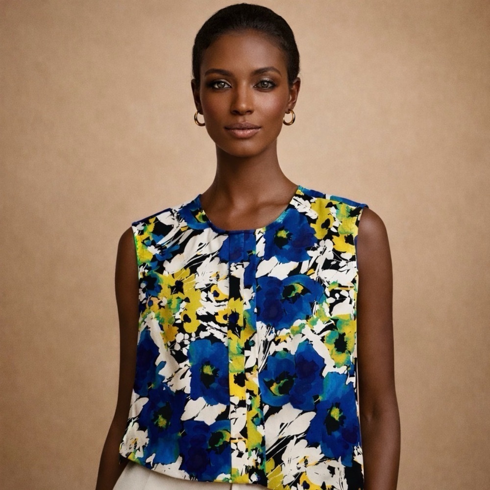 Floral Sleeveless Top - Blue, Yellow, Black